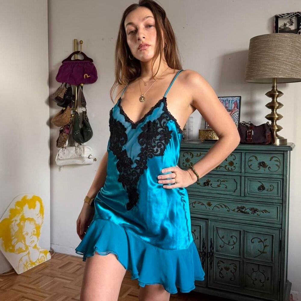 Vintage 80s Victoria’s Secret Blue Slip Dress with Black Lace